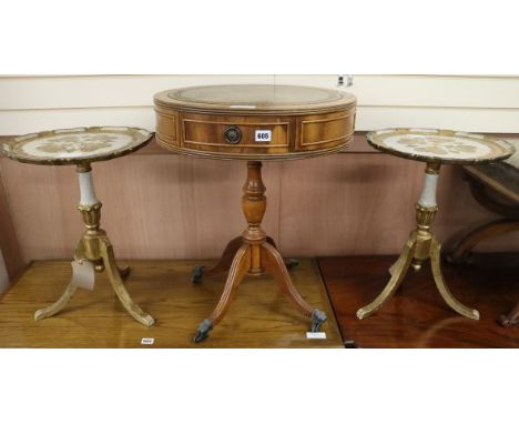 A reproduction drum table and two decorative tripod tables, W.50cm and 39cm