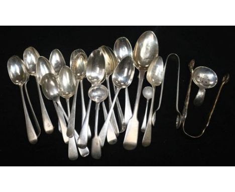 A collection of silver tea and other spoons and a caddy spoon, Georgian and later