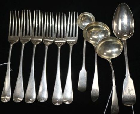 Pair of Scottish George III silver sauce ladles, a toddy ladle, 6 Hanover pattern forks and an Irish Wm IV fiddle pattern tab