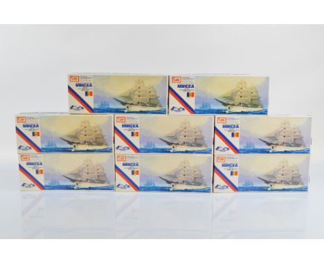 Eight Imai Waterline Series model kits, 1:350 scale Romania 3 Masted Bark Mircea, contents not checked for completeness. 