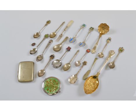 A small quantity of silver plate, including cushion shaped cigarette box, two New Zealand enamel souvenir spoons, berry spoon