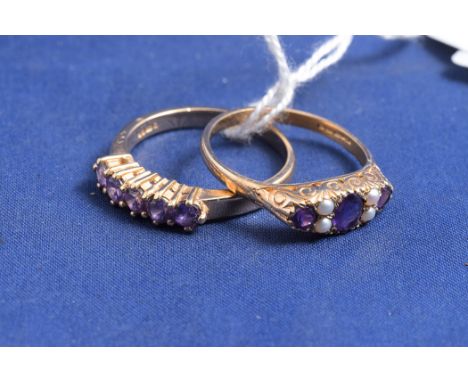 An amethyst and seed pearl ring, on 9ct yellow gold shank, ring size Q; together with a five stone amethyst ring on 9ct yello