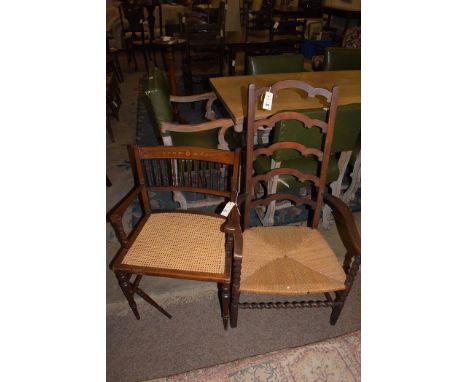 A stained beech ladder back chair with rushwork seat and barley twist supports; together with an Edwardian inlaid mahogany oc