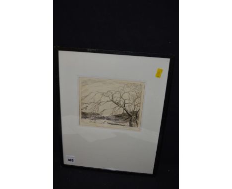 An etching, by Frederick W. Payne - lake scene with tree in the foreground, signed.