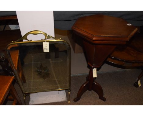 An early 20th Century brass fire screen with bevelled and engraved glass panel; and a mahogany work box.  (2)