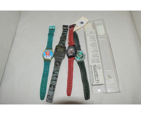 Two Swatch watches with leather straps; a Swatch Quartz watch; and a Military AM radio watch.  (4)