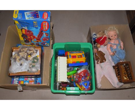 Miscellaneous toys, to include: a Meccano Junior Fire Engine, boxed; a chess set; modern dolls; and various others, in three 