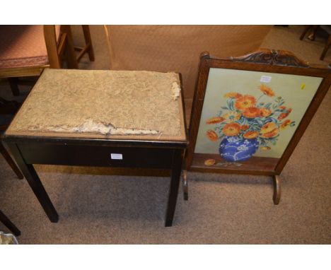 A box seat piano stool; and an oak firescreen.