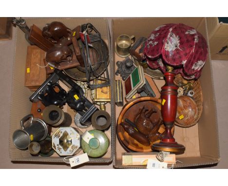 Collectables, to include: a pair of carved wooden African elephant design bookends; brassware; wooden boxes; playing cards; a