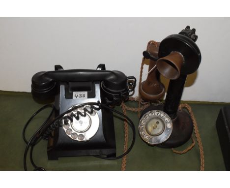 A candlestick telephone, No. 1, W-29/4001; and a black bakelite telephone.  (2)