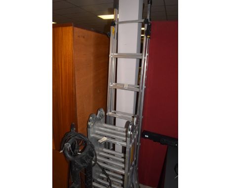 A set of folding aluminium step ladders, by Abru; and a sliding aluminium 3-way combination ladder, by Youngman.  (3)