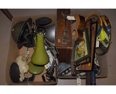 Miscellaneous items, to include: a ukulele; a badminton racquet; a leather suitcase; an anglepoise lamp; and others, in two b