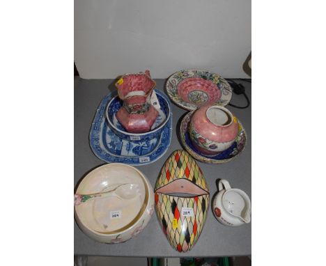 Maling ware, to include: 'Peony Rose' pattern jug; two circular bowls; a Maling Scotch Whisky Rare Old Liquor jug; a pair of 