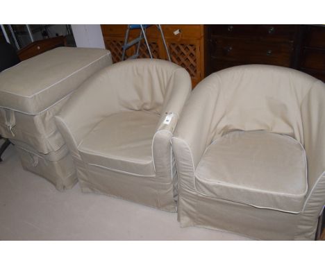 A pair of tub chairs; and two pouffes in grey/brown pattern material; together with a wooden folding step ladder.  (5)