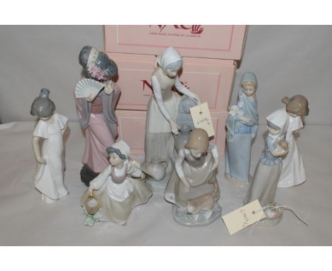 Nao figures, one of a lady at a well; a child; and a girl carrying water and others; together with two Lladro figures of a Ja