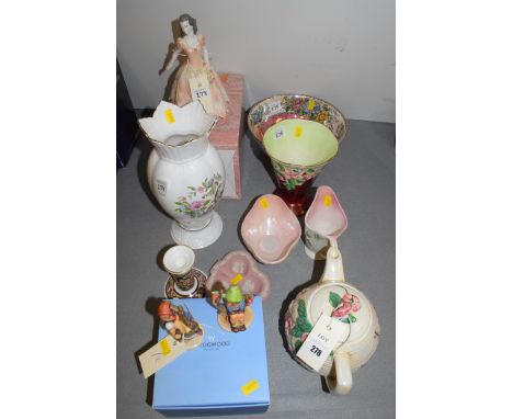 Maling ware, to include: a teapot; a circular lustre dish; two Hummel figures; a Wedgwood vase; and a Coalport figure "Emma".