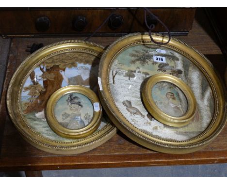    Four 19th Century Silkwork &amp; Watercolour Portrait Pictures (Worm Damage)        