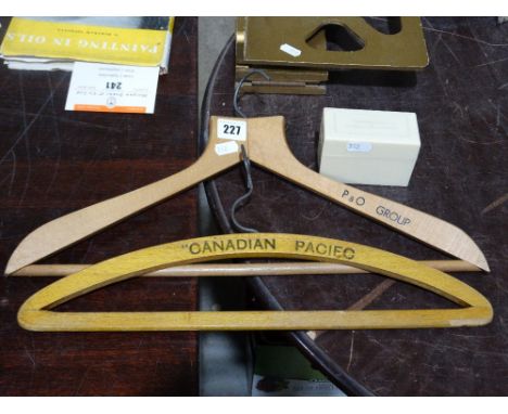     An Early Plastic Playing Card Set Box For Bergen line, Together With Two Shipping Related Vintage Wooden Coat Hangers    