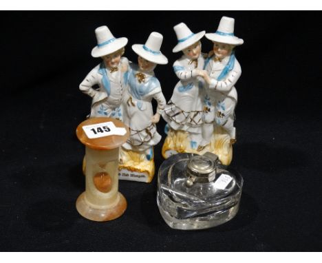     A Victorian Heart Shaped Inkwell, Together With An Alabaster Framed Egg Timer Etc                                        