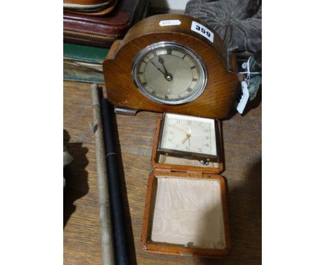     An Oak Cased Mantel Clock, Together With A Travel Clock &amp; Two Thermometers      