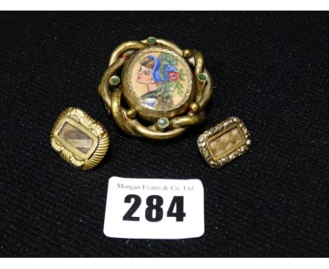     A Victorian Yellow Metal Portrait Brooch, Together With Two Memoriam Brooches   