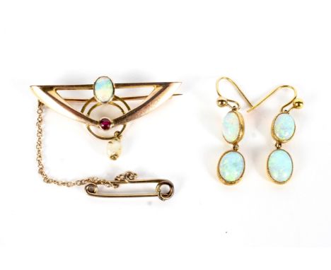 An Art Deco rose gold, opal, ruby and seed-pearl brooch and a pair of later opal pendent earrings. The bi-colour brooch of ro