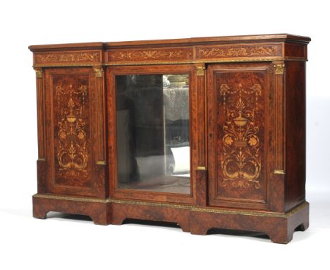 A Victorian gilt-metal mounted marquetry burr walnut credenza. Of breakfront form, strung with ebony and boxwood and with ros