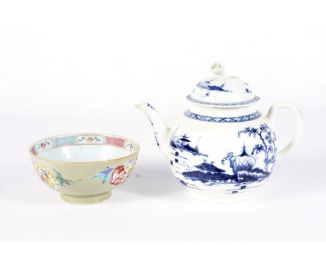 A Worcester teapot and cover and a Chinese famille rose small bowl. The first decorated with blue and white Cannon Ball patte