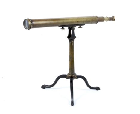 A 19th century brass three drawer telescope on tripod stand. The stand bearing TRADE MARK eye symbol, on folding iron tripod 
