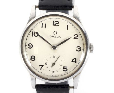 A circa 1943 vintage Omega stainless steel, sub-second manual wind wristwatch. With replacement strap.