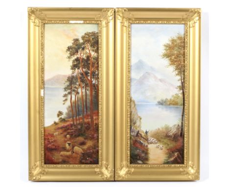 Two gilt framed acrylic paintings on board of highland scenes. In the manner of James Skerrett (former Royal Worcester Artist