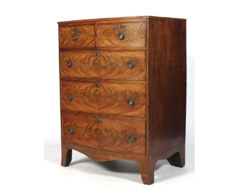 A 19th century bow fronted chest of drawers. With two short over three long graduating drawers, replacement brass ring handle