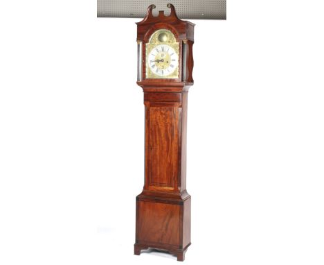 A George III mahogany longcase clock. With open swan neck pediment with ball and bird finial, the brass arched dial with appl