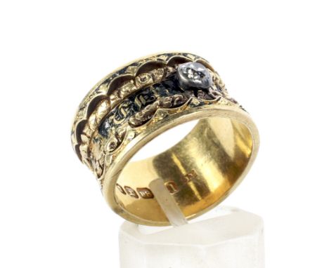 A George IV 18ct gold, diamond and enamel broad band mourning ring. With a chased central panel 'In Memory Of' between floral