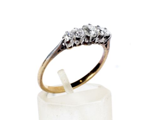 A vintage gold and diamond five stone ring. The graduated early modern round brilliant and old-cut stones approx. 0.55cts tot