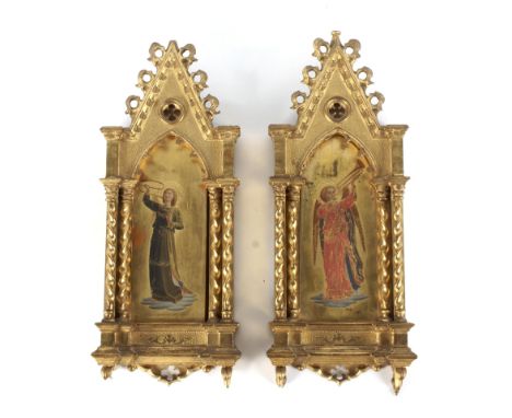 Two Victorian Gothic giltwood framed painted panels. Each with Gothic arched frame with barley twist columns, each panel pain