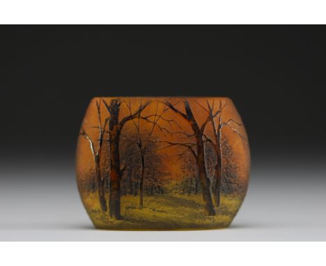 DAUM Nancy - Acid-etched and enamelled multi-layered glass miniature vase decorated with an autumn landscape, signed under th