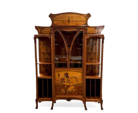 Art Nouveau walnut display cabinet, richly inlaid with irises, water lilies and dragonflies in different woods, bevelled glas