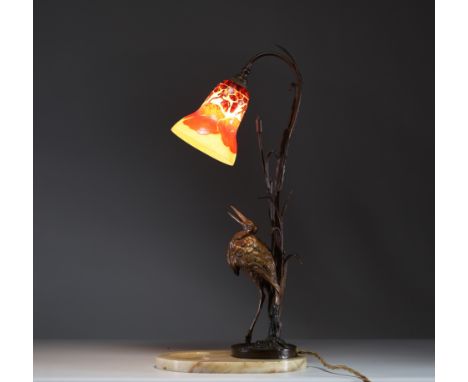 Charles SCHNEIDER (1881-1953) Le Verre Francais, attr. a - Desk lamp in acid-etched multi-layered glass and bonze base repres