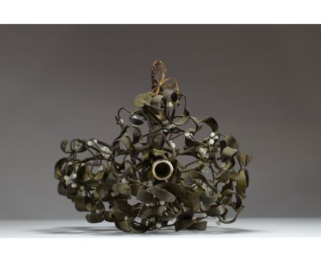 Green patina bronze and opaline glass three-light chandelier representing a mistletoe ball, circa 1900. Normal wear. - Weight