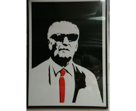 An outline portrait of Enzo Ferrari in 'negative effect'. Framed and glazed, 60cmx43cm, in as-new condition. Print on paper.