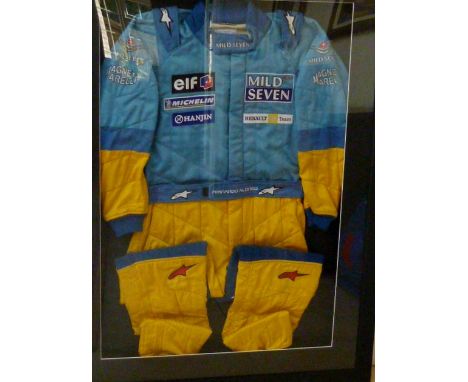 An original Fernando Alonso Renault F1 team race suit, complete with sponsors logos including, Mild Seven, Magneti Marelli, E