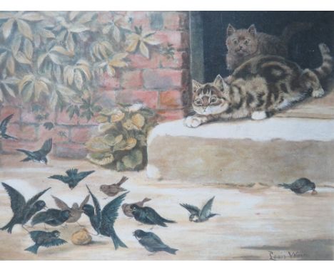 LOUIS WAIN (1860-1939). A coloured antique print depicting two cats stalking a groups of feeding birds, signed in plate, fram