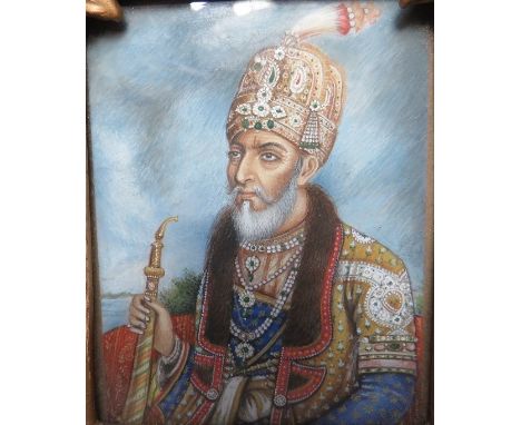 (XIX). A portrait miniature study of &nbsp;a Mughal Prince / Persin ruler?, unsigned, mixed media on board, framed and glazed