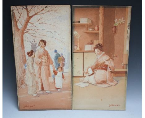 T. NAKAYAMA (XX). Japanese school, a pair of interior scenes with Geisha playing a stringed instrument and figures in a woode
