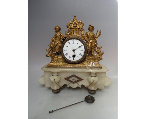 A FRENCH GILT SPELTER AND ALABASTER  FIGURAL CLOCK, enamel dial with Roman numerals, single train movement stamped 503, with 