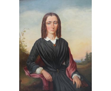 B. DE POORTER (XIX-XX). Portrait study of Mrs H. Faure - Alewyn, wooded landscape beyond, see verso, unsigned, oil on board, 