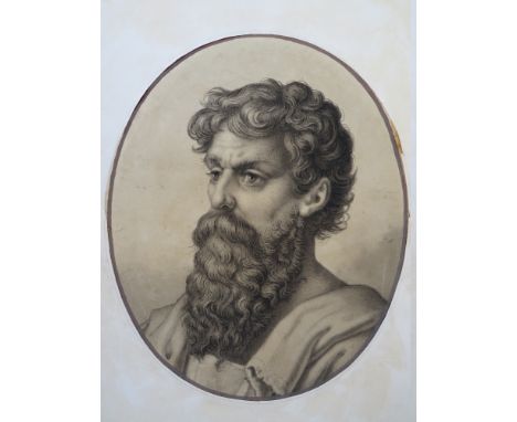 AN EARLY OLD MASTER STYLE OVAL HEAD AND SHOULDER MONOTONE STUDY OF A BEARDED MAN, unsigned, watercolour on paper, unframed, 2