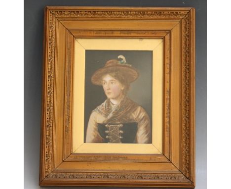 (XIX). Portrait study of a continental woman with feathered hat, unsigned, mixed media on panel, framed and glazed, 13 x 9 cm