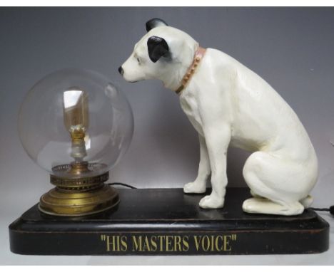 A BESPOKE VINTAGE STYLE HIS MASTERS VOICE NIPPER DOG ADVERTISEMENT / DISPLAY LAMP, seated Nipper dog facing Edison style bulb
